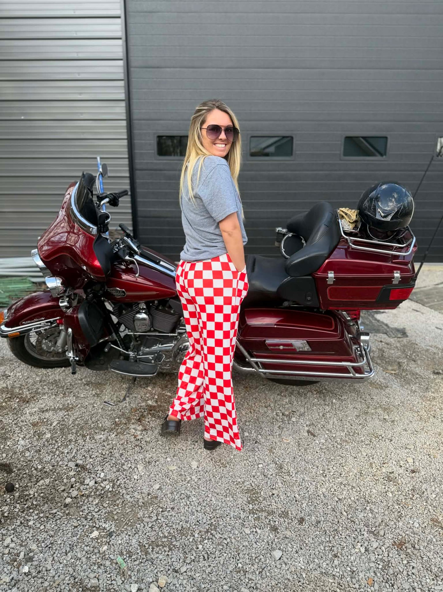 Red and white checkered pants