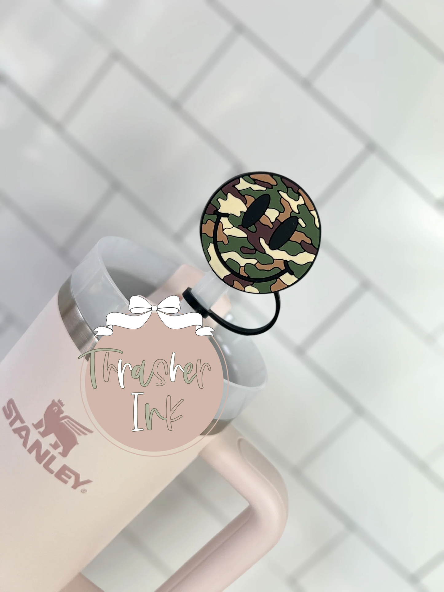 10mm Straw Topper- Camo happy face