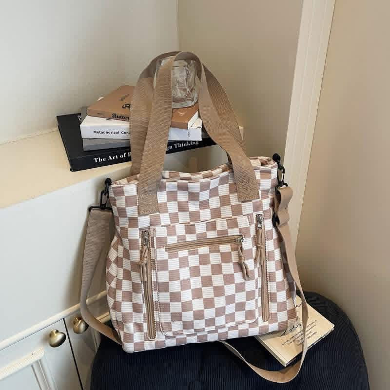 Tan checkered tote bag