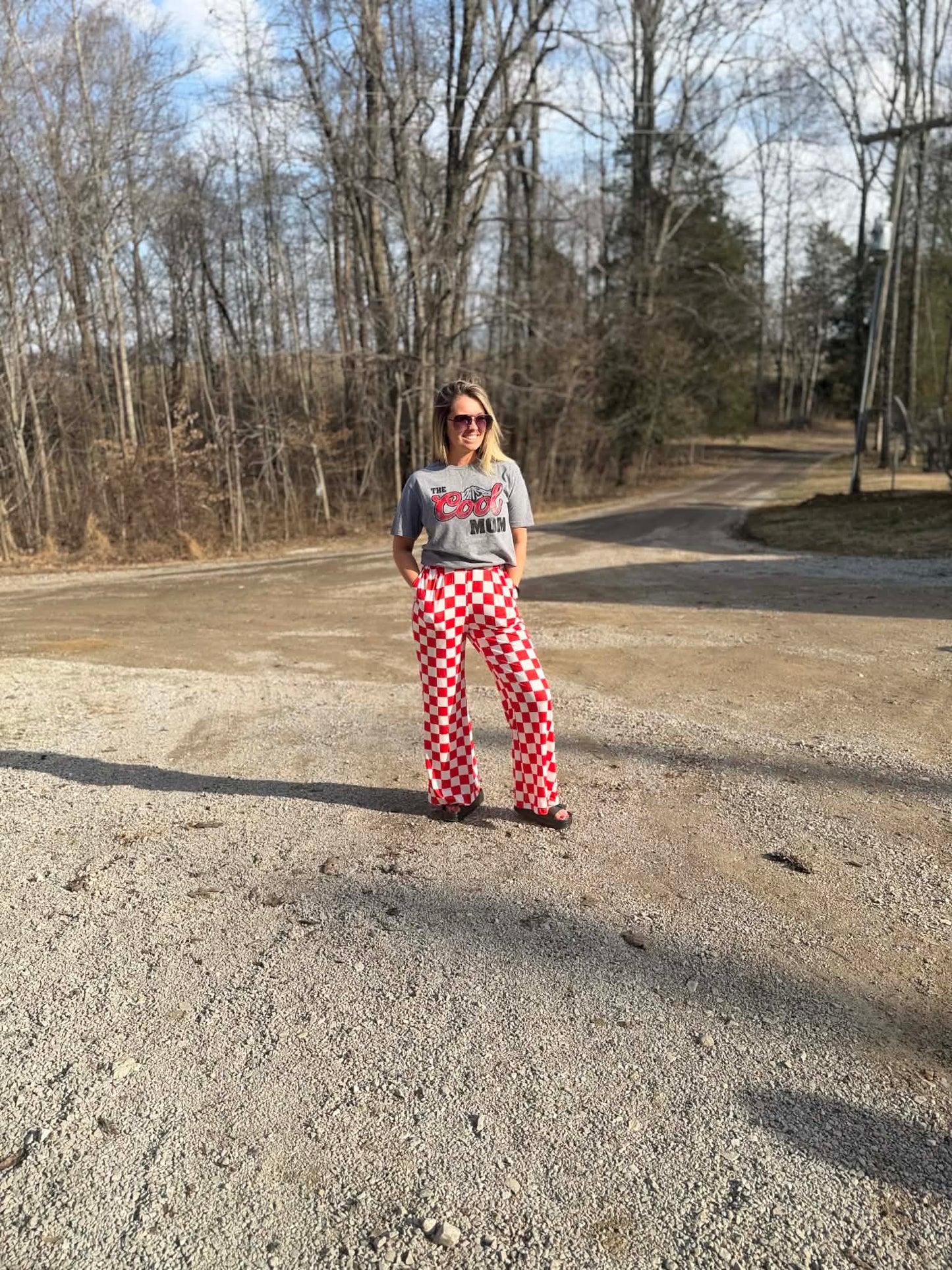 Red and white checkered pants