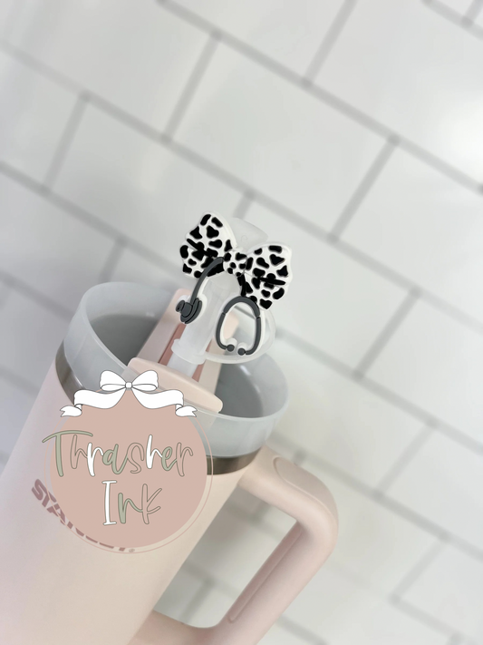 10mm Straw Topper- Cow print stethoscope bow