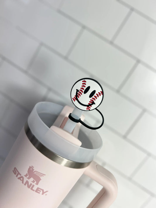 10mm Straw Topper- Baseball happy face