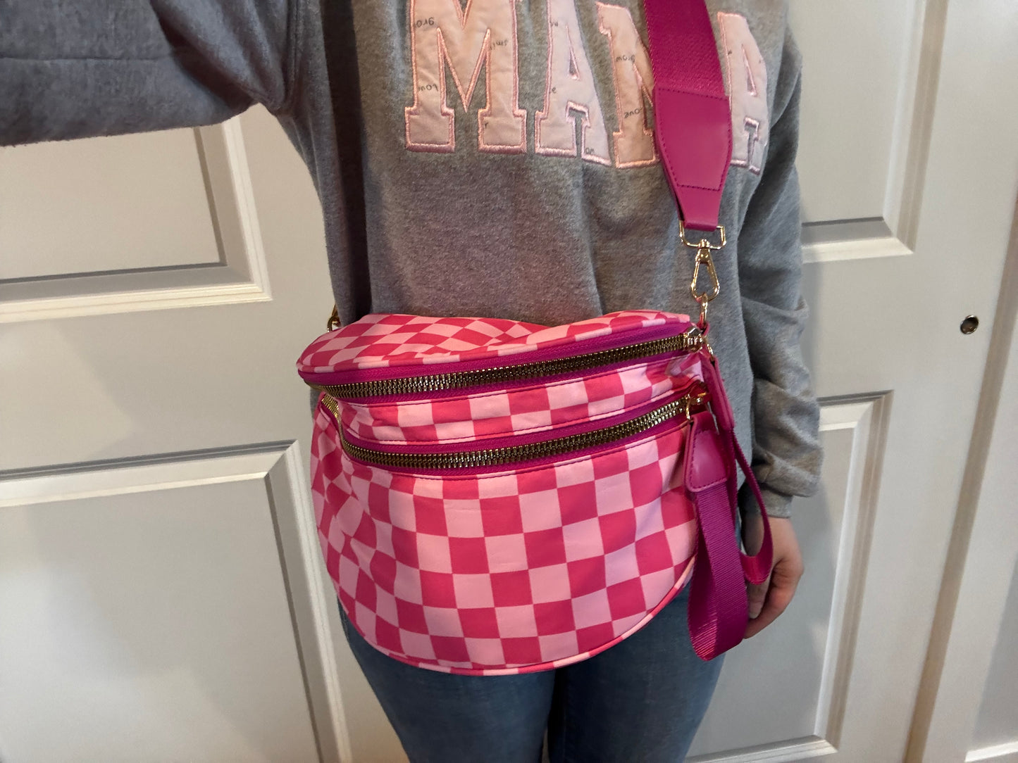 Pink check bum bag
