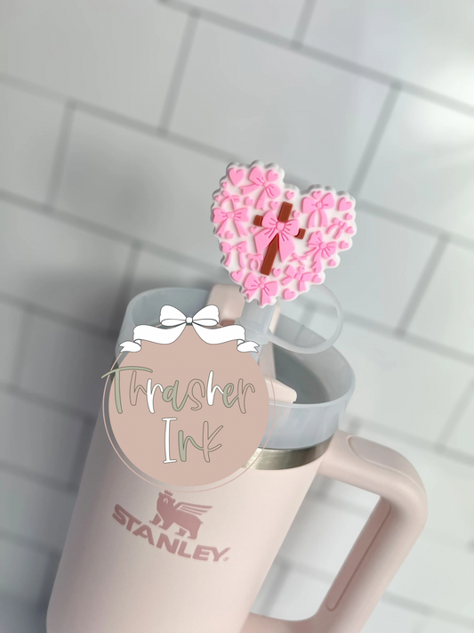 10mm Straw Topper- Pink coquette cross heart